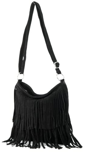 Modarno Sac à bandoulière avec franges en daim - sac bandoulière femme en daim, Noir