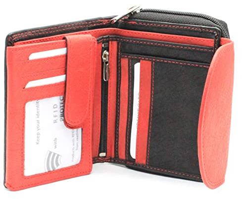 RFID Geldbörse Damen Portemonnaie Echt Leder Frauen Geldbeutel Portmonee Brieftasche 040 (Schwarz/Rot)