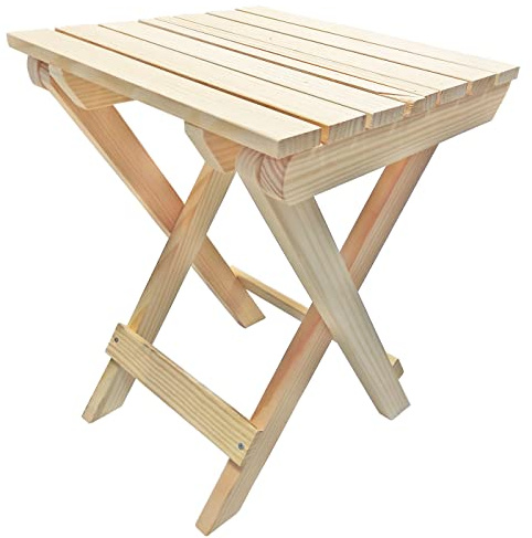 Acan Tradineur - Taburete Plegable de Madera con reposapiés, mesita Auxiliar sin Tratar de jardín, balcón, terraza, Camping, Picnic, 43,5 x 33,2 x 32,3 cm