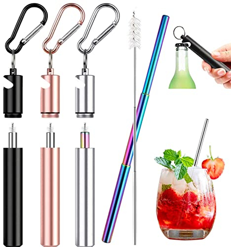 3 Set Edelstahl Strohhalme Wiederverwendbar, Tragbare Teleskop Metall Strohhalme mit Korkenzieherfunktion, Umweltfreundliche Edelstahl Trinkhalme mit Reinigungsbürste Schlüsselring Metallbox 3 Farben
