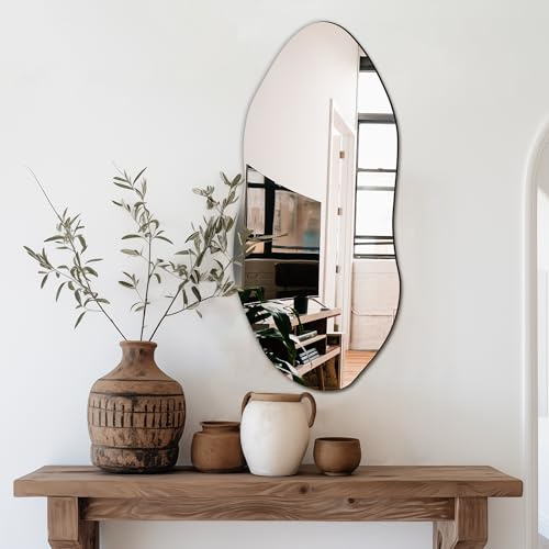Delma Irregular Wall Mirror,32x14 Slim Vertical Wavy Design,Frameless Decorative Mirror for Entryway,Hallway & Bathroom,Modern Boho Wall-Mounted