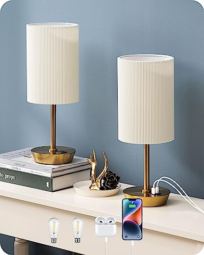 EDISHINE Gold Touch Bedside Lamps Set of 2, 3-Way Dimmable with Dual USB | Round Pleated Shade, Includes 6W 2700K ST58 Bulb, E27 Base, Table Lamps for Bedroom, Office, Living Room, Modern Decor