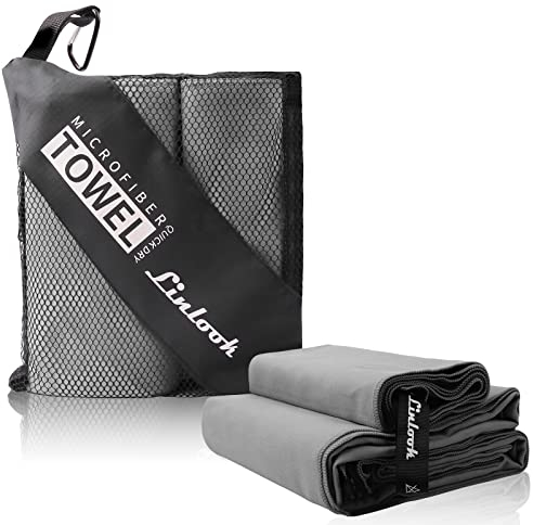 Linlook Microfaser Handtücher Set (180x80 + 100x50cm) - Schnelltrocknend und Kompakt Badetuch Sporthandtuch Strandtuch für Travel Yoga Camping Beach Gym (Grau