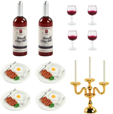 Accessori Cucina per Casa Delle Bambole in Miniatura, 35pcs Cibo per la Casa Delle Bambole, 1:12 Giocattoli Alimentari in Miniatura, con Miniatura Bistecca,Bicchieri di Vino,Stoviglie,Candeliere