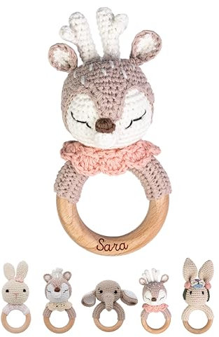 wunderwunsch® - Personalisierter Beißring Baby - Niedlicher Greifling für Baby's ab 0 Monate - Babyrassel mit Name als Baby Geschenk für Mädchen und Jungen (Reh mit rosa Kragen,ohne Gravur)
