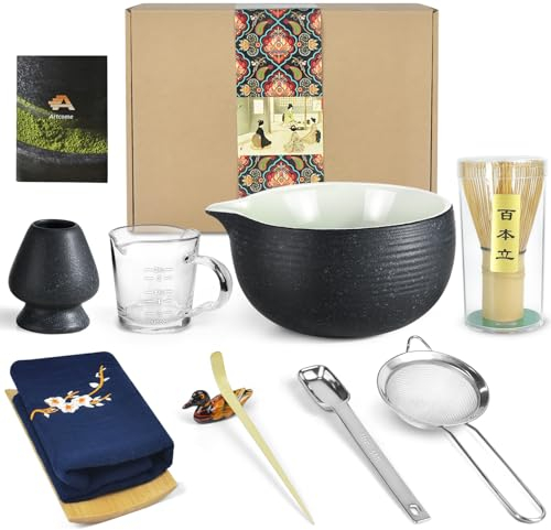 Artcome Bluestone Glaze Kit de 10 Pots pour Cérémonie du Thé Japonais - Bol avec Bec Verseur, Fouet, Cuillère, Passoire à Poudre - Service à Thé Matcha pour Usucha