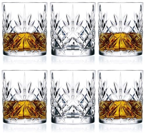 FLOW Barware Classic Whiskey Glasses Set of 6 | 310ml Whisky Glass Gift Set | Glass Tumblers Set of 6 for Rum Glasses Scotch, Whisky Tumbler, Bourbon & Water Glass