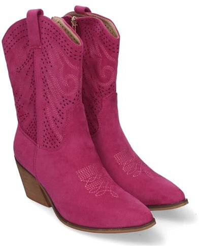 83912 Botin de Tacon Campero para Mujer, Estilo Vaquero, Elegantes, con Bordados en Pala y Cana, Punta Afilada y Practico Cierre Lateral de Cremallera. Fucsia Talla 41