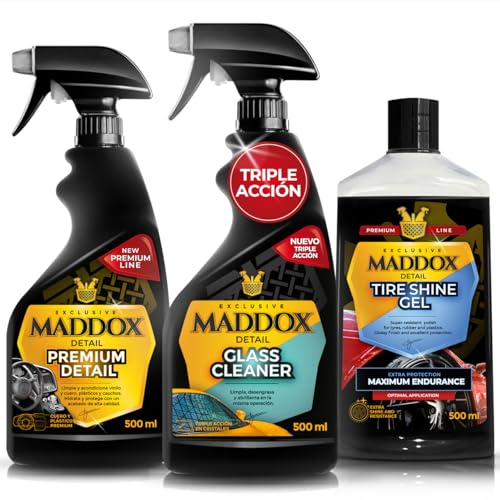 Maddox Detail - Kit Completo de Cuidado Automotriz 3x500ml | Glass Cleaner, Premium Detail y Tire Shine Gel | Limpieza Profesional de Cristales, Salpicadero y Llantas | Brillo Interior/Exterior.