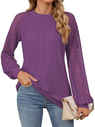Chemisier Femme Chic et Élégant Pull Femme Haut Dentelle Tee Shirt Manche Longue Tunique Femme Blouse Casual Tops (Violet,XL)