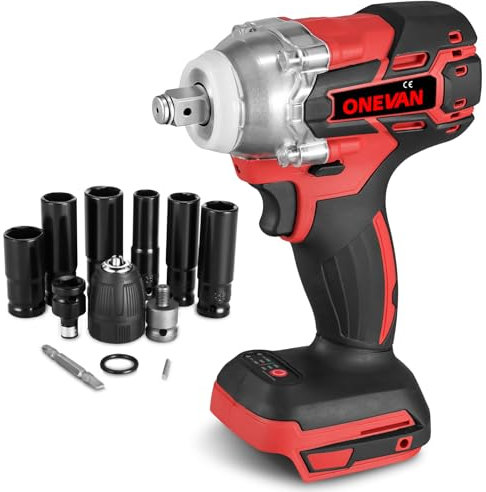 ONEVAN pistola de impacto bateria, 300NM 1/2 llave de impacto a bateria para makita 18v, sin escobillas, 6 vasos de impacto, luz led, atornillador de impacto para coches camiones (sin batería)