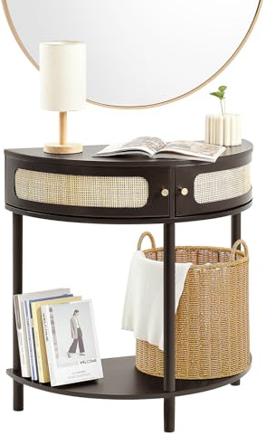 VEVOR Table Console en rotin Demi-Lune avec 2 tiroirs, Table d'entrée en rotin avec Porte coulissante en rotin Naturel, 810 x 400 x 820 mm, avec Rangement pour Salon, Bureau, entrée ou Mur TV, Noir