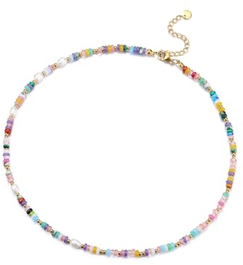 CrystalTears Bunte Perlenkette Damen 4mm Beads Edelsteine verstellbare Halskette Vintage Boho Strand Halsschmuck spirituelle Geschenke