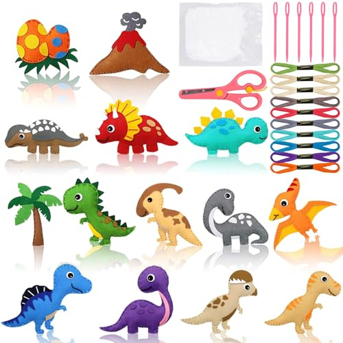 Fzyisw Kit de couture en feutre pour enfants à partir de 6 ans - Kit de couture en feutre - Dinosaures - Kit de bricolage - Couture avec fil à broder coloré - Aiguilles en plastique - Ciseaux - Ouate