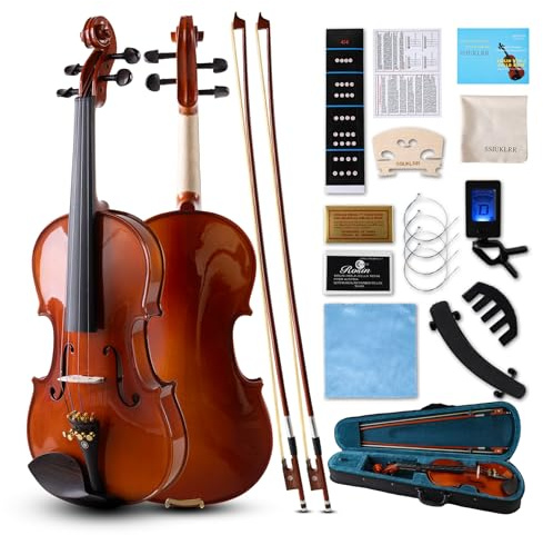 Violin 4/4 Full Set,Beginner Violin for Adults,Kids,Students,4/4 Violin with spruce,maple and ebony accessories,Full Size Violin with 13 pieces for Beginner Ages 11+,Performers Gift (Natural-A)