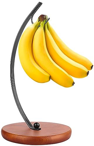 HOMKULA Banana Holder Stand - Modern Banana Hanger Hook, Fruit Bowl, Banana Tree Hanger with Bold Stainless Steel & Thickened Wood Base, Banana Rack for Kitchen Counter (BlackV13)