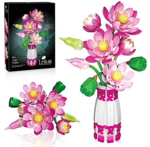 Mavo brix Set de Construction Botanique de Fleurs de Lotus avec Vase, Bouquet de Fleurs Artificielles Roses avec Vase pour Intérieur et Extérieur, 710 Pièces