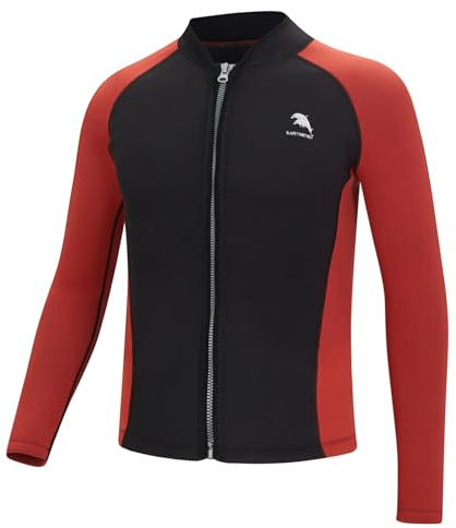Riismen Mens 2mm Neoprene Swim Coat Long Sleeve Zip Up Rash Guard Jacket Professional Wetsuits Top Black&Red 4XL