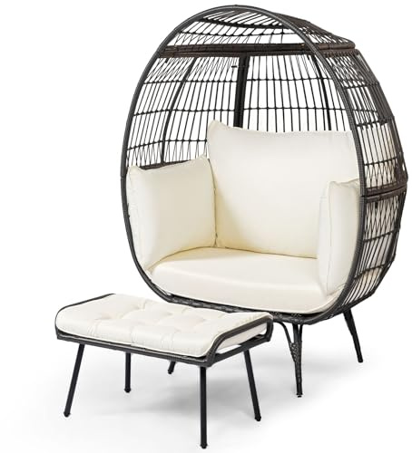 COSTWAY Fauteuil Œuf sur Pied avec Ottoman Charge 205KG, Chaise Relax en Osier 2 Pièces pour Patio avec Coussins Doux Cadre Métallique Robuste & Repose-Pieds, pour Patio Cour Salon