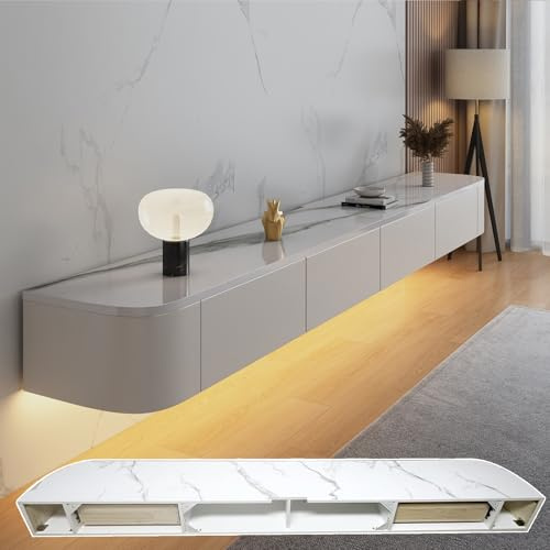 HYANXUE Soporte de TV Flotante, Estantes de TV Montados en la Pared con Puerta, Consola de Medios para TV, Gabinete de TV Flotante con Gran Almacenamiento para Debajo de la TV (Texturizado+LED, 140CM