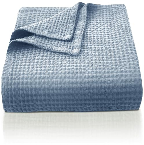 CHUFFED Coperta in 100% cotone, a nido d'ape, per letto singolo, per letto e divano, morbida, leggera, traspirante, per tutte le stagioni, 130 x 150 cm, colore: azzurro