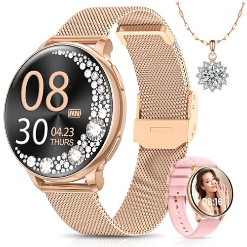 RUXINGX Montre Connectée Femme, Petite Ronde Écran Tactile HD 1,27 avec Appel, Fonction Féminine Sommeil Fréquence Cardiaque SpO2 120+ Modes Sport Podomètre IP68 Calories Android iOS Rose Or, Cadeau