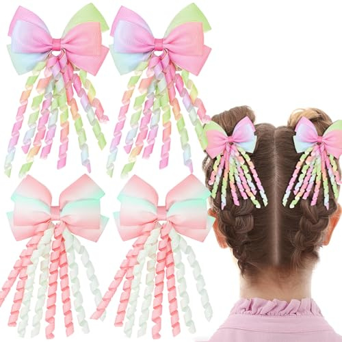 4PCS Hair Bows for Girls,Rainbow Cute Curly Gradient Ribbon Clip with Gradient Tassels School Performance Accessories