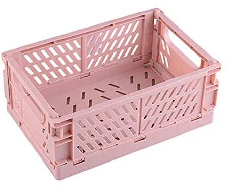 HshDUti Plastic Storage Basket Collapsible Foldable Crate Box Office Home Kitchen Tidy Organiser for Shelves, Toys, Clothes, Office Stationery, Cosmetics Pink S