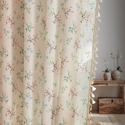 Floral Farmhouse Curtains Closet Semi-Blackout Living Room Drapes 63 Inch Length Cotton Linen Blend Short Bohemian Window Curtain Panels with Tassel Beige Rod Pocket Bedroom Drapes, 1 Panel