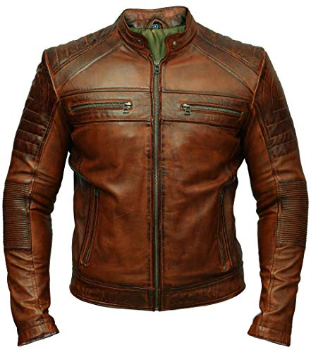 Chaqueta de piel envejecida marrón encerada para motociclista, estilo retro, vintage, para motociclista, marrón, XL