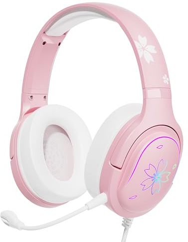 Mytrix Rosa Sakura Gaming Headset mit RGB-Optik, Over Ear Kopfhörer mit Mikrofon und Kabel für PC, ipad, Handy und Spielkonsole, komme mit Lautstärkeregler, Leicht