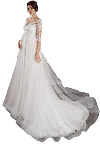 AUTTOGirl Dentelle Robes De Mariée À La Femme Enceinte Demi-Manches Ceux O-cou Doux Tulle Robe De Mariée De Maternité Surdimensionné, ecru, 46