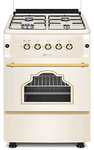 SOLTHERMIC Cocina de Gas 50 CM Ancho F5S40G2 Color Crema con Mandos Dorados - 4 Fuegos con Encendido Automático - Compatible con Butano y Gas Ciudad - Alta Gama