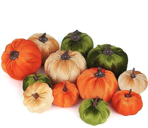 Ywlake 12 Pcs Artificial Pumpkins Assorted Sizes Fake Fabric Harvest Pumpkin Set Orange Green Khaki Foam Pumpkin for Fall Autumn Thanksgiving Halloween Decoration