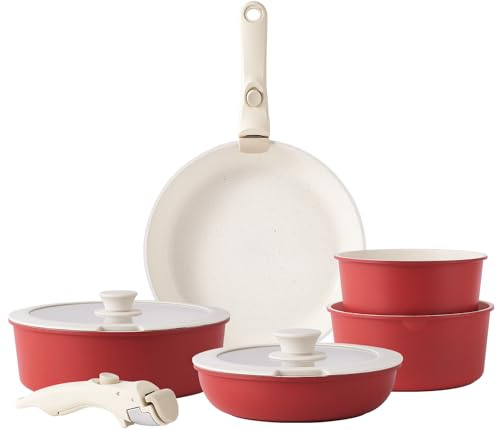 RIOVARM Induction Non Stick Frying Pan and Pot Set with Lids, Granite Cookware Set with Detachable Handles, Stackable Kitchen Cookware with Removable Handles, Camping Frying Pan Set, PFOA Free