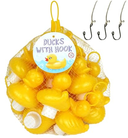 Juego de Pesca de Patos con 20 Patos Amarillos de Plástico con Gancho y Peso Incluye 3 Anzuelos, Juguete de Baño - Juguete Piscina - Pesca Patos Niños y Niñas (Edición Clásica)