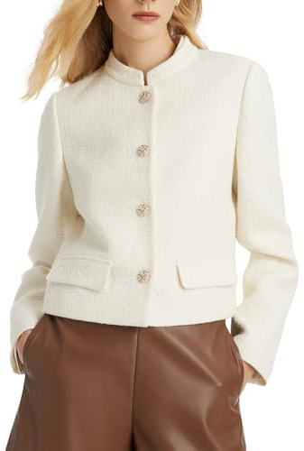 GOELIA White Tweed Blazer Jackets for Women Stand Collar Short Suit Wool Jacket Cropped Elegant Office Work Woolen Blazers Womens Fitted Blazer Dressy Casual Suit