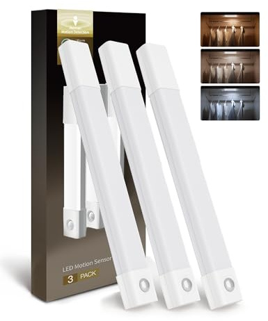 EZVALO Schrankbeleuchtung 30CM, 50 LED Schrankleuchte Led mit Bewegungsmelder, Unterbauleuchte Küche LED mit 3 Farbtemperaturen Dimmbar Wiederaufladbar für Kleiderschrank, Küche, Treppe (3 Stück)