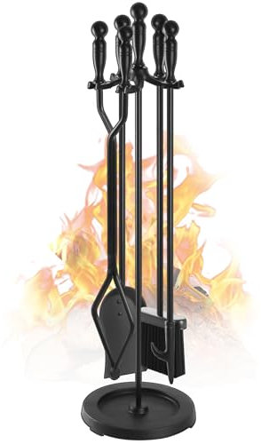Gtongoko Fireplace Tools Set 5 Pcs 30.5 Inch Black Wrought Iron Large Fire Place Tool Set Indoor/Outdoor Include Poker, Shovel, Brush, Tong and Round Stand, Fireplace Kit Accessories Set