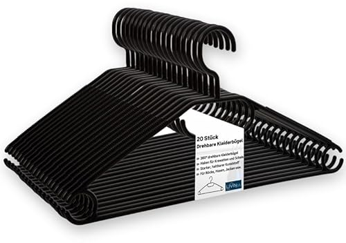 Sustania Kleiderbügel schwarz 20 Stück mit drehbaren Haken, Kleiderbügel Kunststoff, Kleiderbügel Plastik schwarz, Made in EU, Kleiderbügel Haken platzsparend, 100% Recyclingmaterial