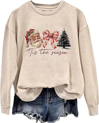 VKEGNIO Tis the Season Sweatshirts for Women Christmas Graphic Long Sleeve Shirt Xmas Holiday Sweaters Pullover Top