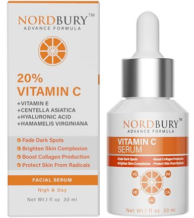 NORDBURY Vitamin C Serum, Pure 20% Vitamin C with Vitamin E & Hyaluronic Acid for Face, Brighten Skin Complexion Boost Collagen Production Fade Dark Spots Protects Skin from Radicals - 60ml
