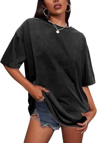 Womens T Shirt Oversized Short Sleeve Tops Summer Round Neck Tees Casual Blouse(Black,L)