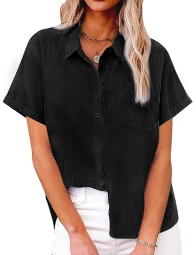 Niwicee Blusas Mujer Verano Camisa Manga Corta Cuello en V Botón Camisa Casual de Algodón Camisas Básicas de Color Sólido Elegantes Camisa Suelta con Cuello de Solapa y Bolsillo (Negro, XL)