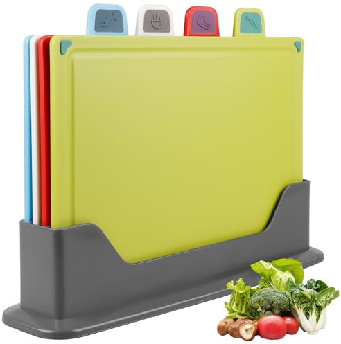 Schneidebrett Set, 4 Farbcodierte Kunststoff Schneidebretter mit Lebensmittel Icons, Frühstücksbrettchen für Fisch,Gemüse, Obst, Fleisch, Brot, BPA-Free, Spülmaschinenfest