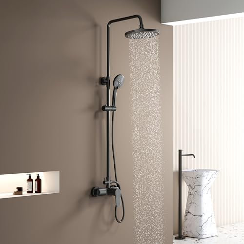 KOMIRO Colonne de Douche avec Mitigeur Mécanique, Ensemble de Douche Réglable en Hauteur, Mitigeur Douche Set, Noir, Rond