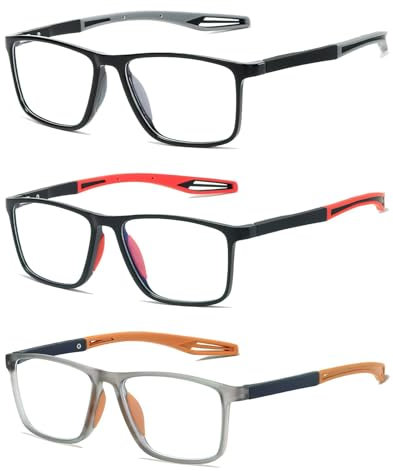 Novstuf 3 Pack Mens Reading Glasses 1.5 Sporty Reading Glasses TR90 Blue Light Blocking Readers Comfortable Flexible Computer Eyeglasses with Rectangular Frame for Men Women