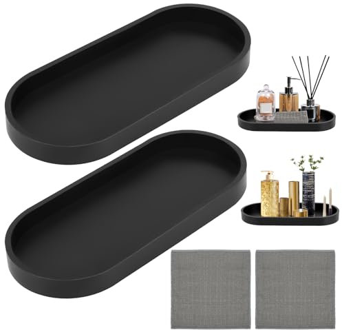 2 Stück Schwarz Badezimmer Tablett, Silikon Dekotablett mit Saugfähigen Tüchern, Oval Schminktisch Ablageschale, Deko Tablett Schwarz für Wohnzimmer, Schlafzimmer, Waschbecken, Badewanne