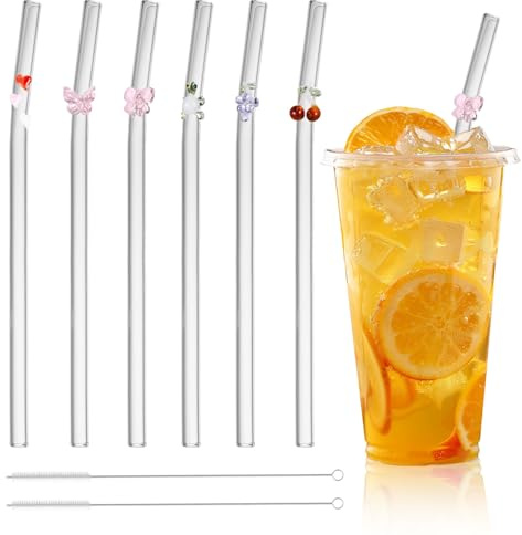 Onperpoe 6 stycken återanvändbara glassugrör, borosilikatglas, böjt med långt handtag, söt design, glassugrör för smoothies, kaffe, te, milkshake, slush