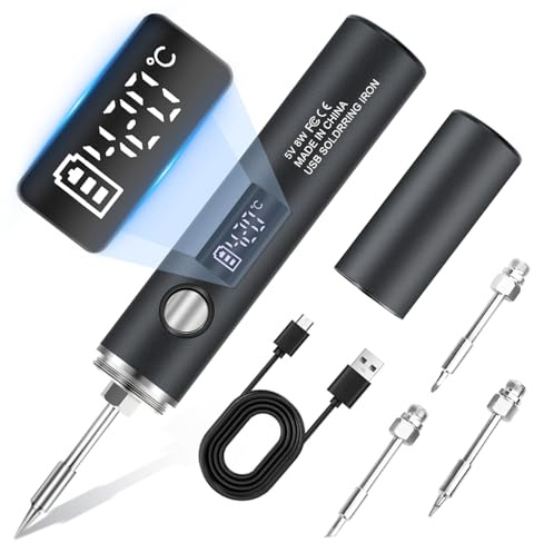 Cordless Soldering Iron Kit with LED, 5 Adjustable Temperature Levels 260℃–450℃, 1400mAh Rechargeable 2-in-1 USB Soldering Tool, for DIY, PCB, Electronics Repair - Black